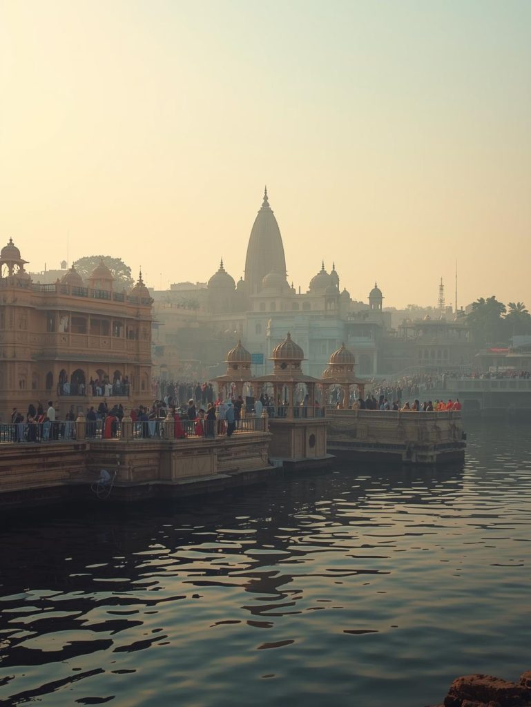 a premium website about section image of ujjain city, featuring mahakaleshwar temple and shipra river, calm spiritual atmosphere, soft golden and blue tones, minimal crowd, cinematic yet clea