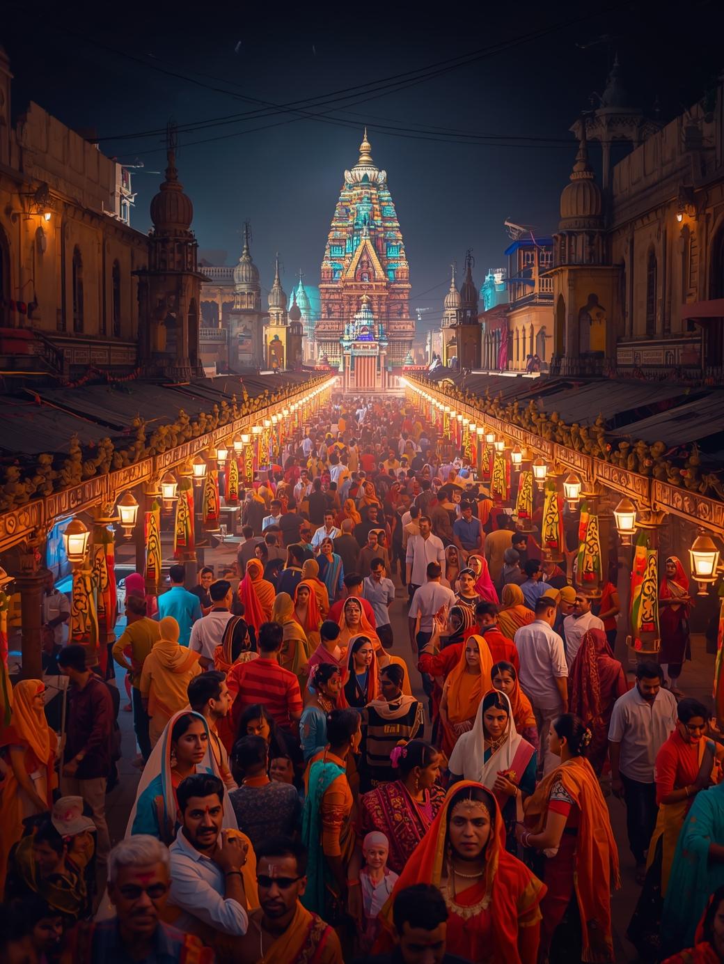 ujjain cultural heritage scene showing traditional indian festivals, people in ethnic attire, temple surroundings, lamps and decorations, vibrant colors, joyful cultural atmosphere, authentic