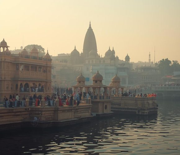 a premium website about section image of ujjain city, featuring mahakaleshwar temple and shipra river, calm spiritual atmosphere, soft golden and blue tones, minimal crowd, cinematic yet clea